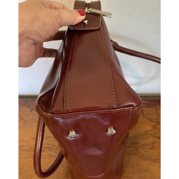 HOBO International VTG Purse Red Brown Polished Leather Bag Zip Two Handles - Picture 10 of 15
